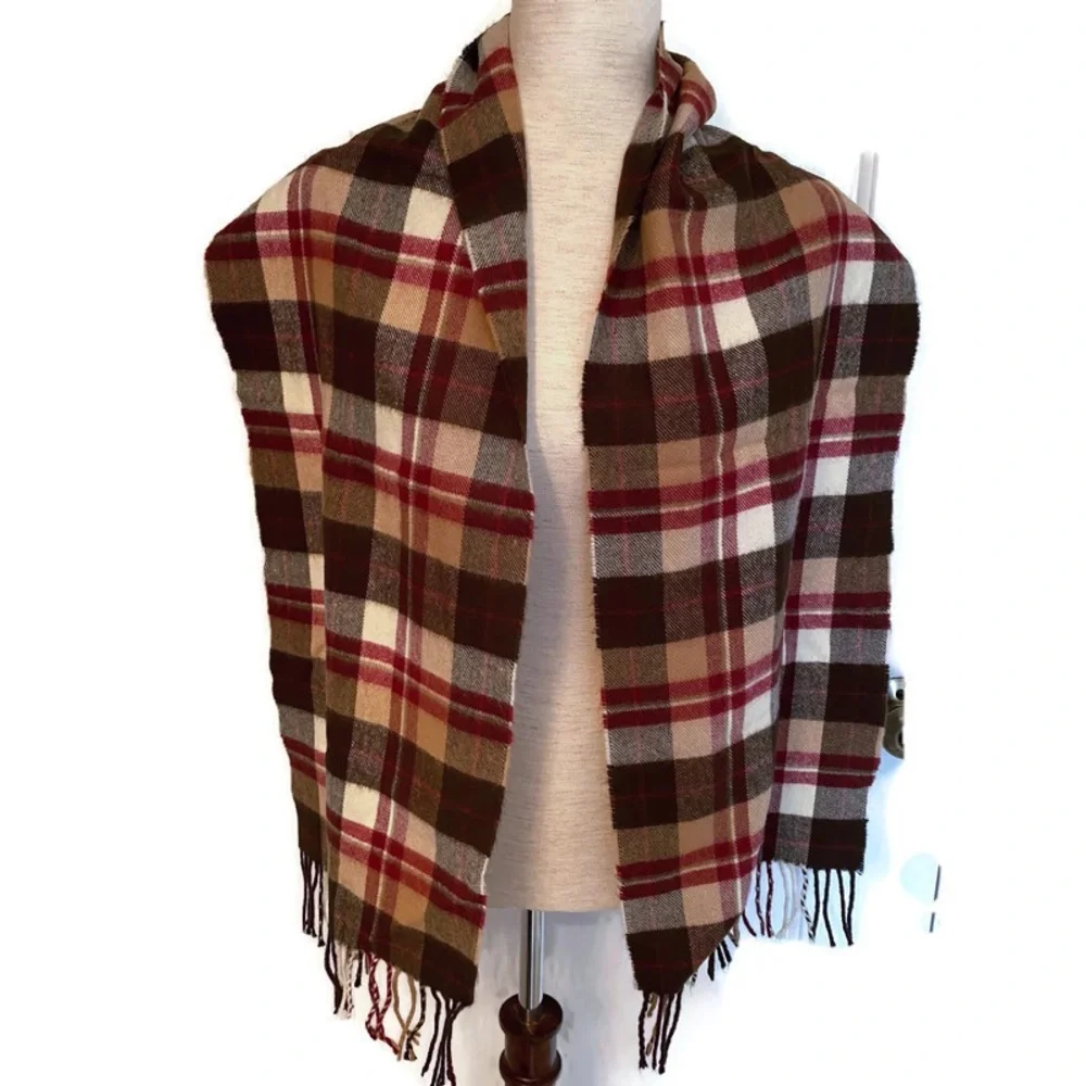 SCARF SCOTLAND CASHMERE BROWN RED TAN CREAM PLAID FRINGE LONG RECTANGLE - Picture 5 of 9